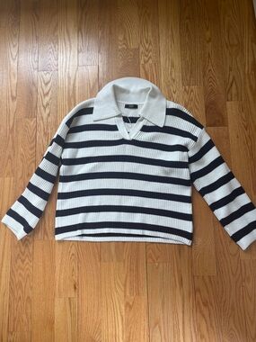 Aqua Striped Collared Pullover Sweater - White & Black